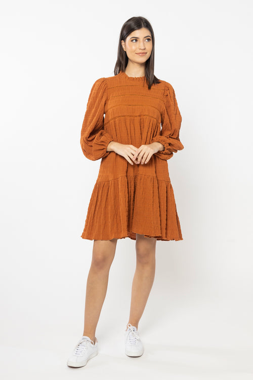 Desire Cinnamon Shirred Cotton Ls Frill Hem Dress WW Dress Seeking Lola   