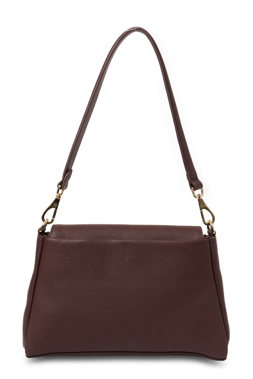 Brown leather handbag with a shoulder strap on a white background