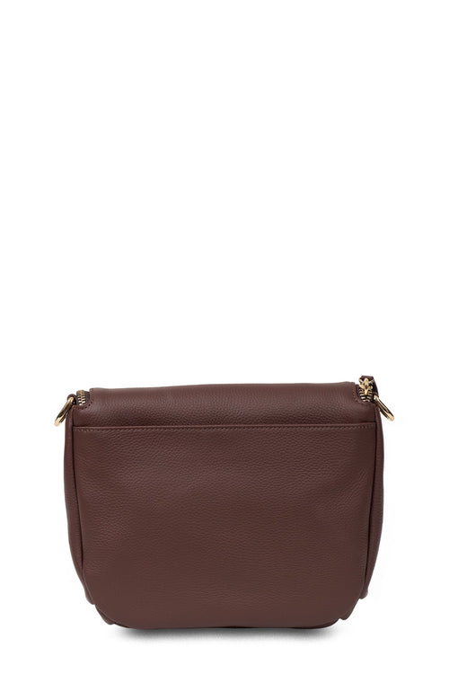 Brown leather handbag with gold zipper on a white background
