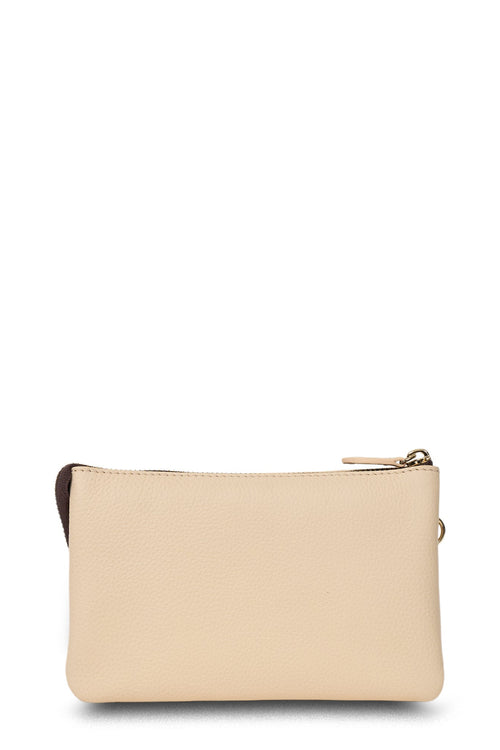 Beige pouch with a gold zipper on a white background