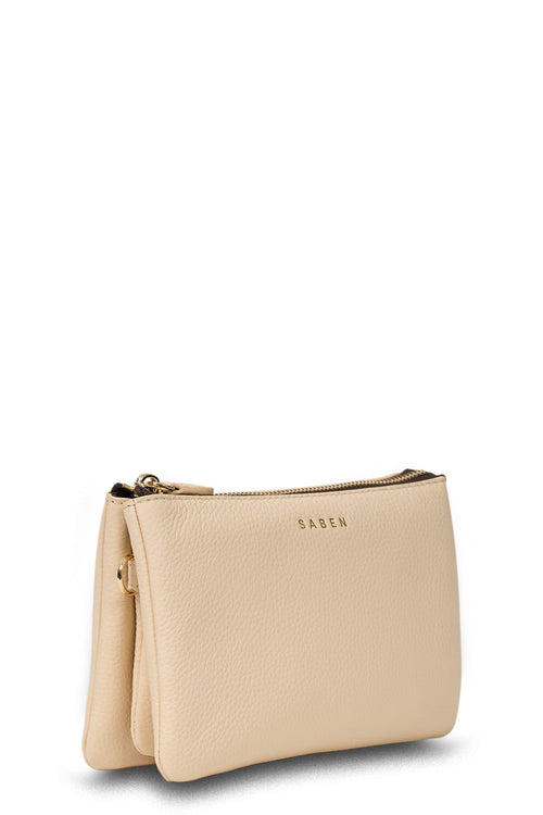 Beige clutch bag with a visible brand name on a white background