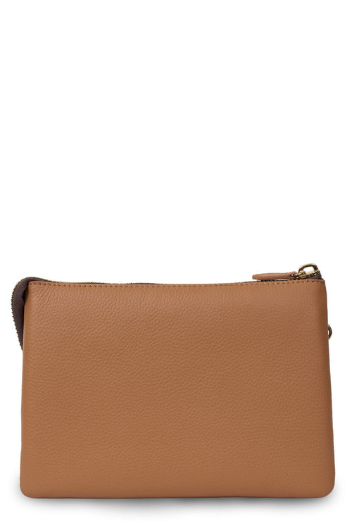 Brown leather pouch with a zipper on a white background