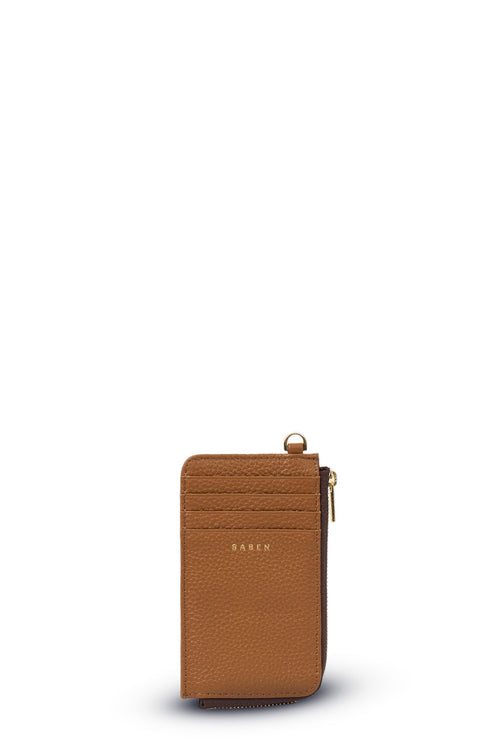 Brown leather phone case with a gold zipper on a white background