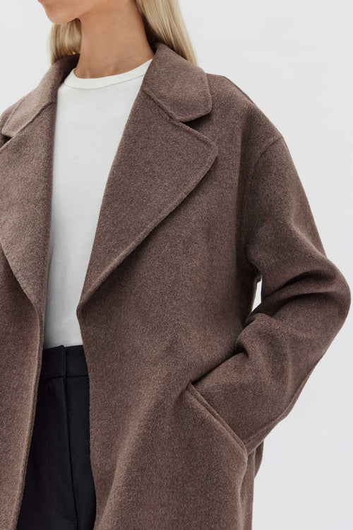 model wears a brown coat