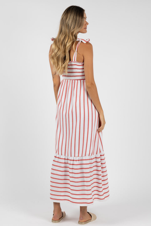 model wears pink stripe midi dress