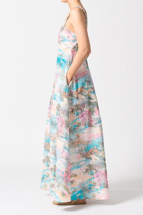 model wearing pink blue print long dress