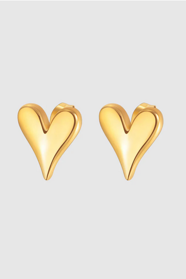 A pair of polished gold-toned heart-shaped stud earrings with a fluid, curved design and a slightly elongated point, giving a modern, sculptural look.