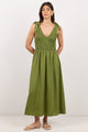 Select Olive Tie Shoulder Shirred Midi Dress