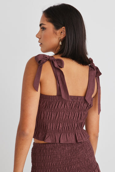 Delectable Raisin Linen Tie Shoulder Shirred Top