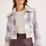 model wears a Blue Check Cropped Jacket