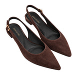A pair of dark brown suede slingback pointed-toe flats with low block heels and gold-tone buckle details, shown on a plain white background.