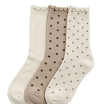 Beige + Ivory 3 Pack Polka Dot Frill Crew Socks