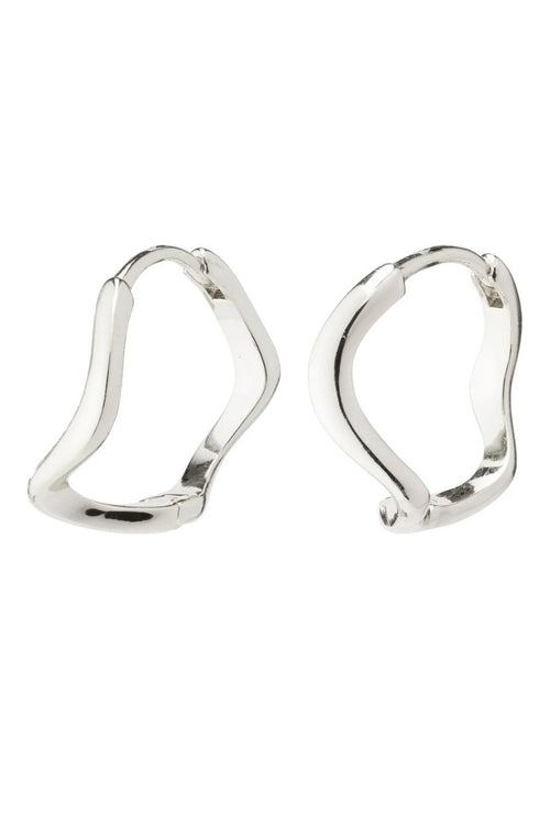 Pair of silver hoop earrings on a white background
