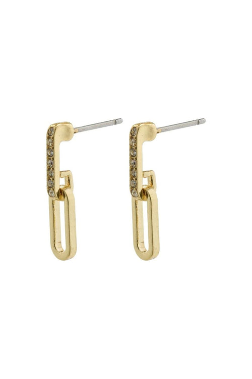 Gold hoop earrings with embedded stones on a white background