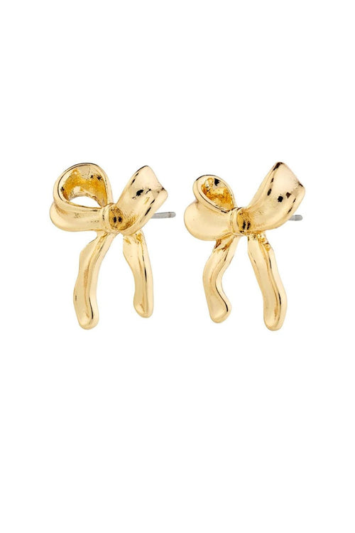 Gold bow-shaped earrings on a white background