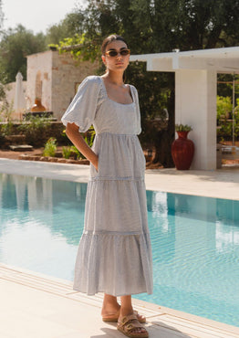 model wears a blue white stripe maxi dress