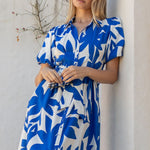 Dusk Bright Blue Abstract Puff Short Sleeve Maxi Shirt Dress