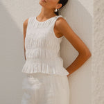 Impulsive Ivory Linen Shirred Sleeveless Top