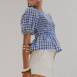 Requite Blue Gingham Shirred Body SS Top