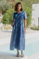 Wren Cornflower Blue Linen SS Shirred Bodice Midi Dress