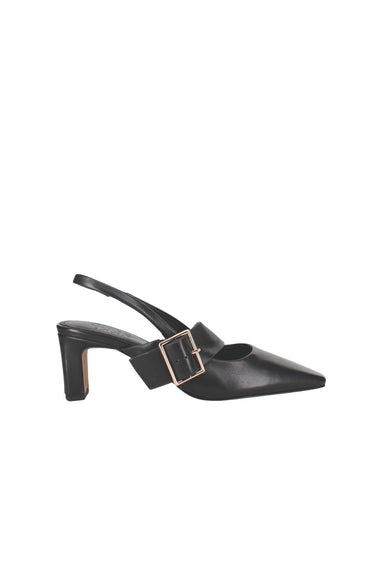 Black slingback shoe with a gold buckle on a white background