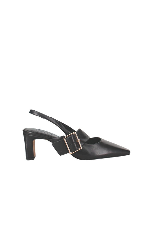 Black slingback shoe with a gold buckle on a white background