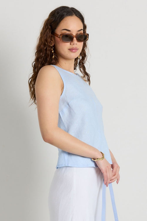 model wears Light Blue Linen Top