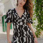 Sicily Black Wave Print Short Sleeve Mini Dress