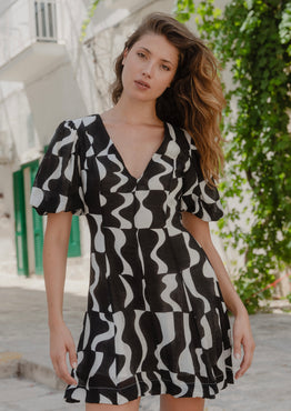 Sicily Black Wave Print Short Sleeve Mini Dress