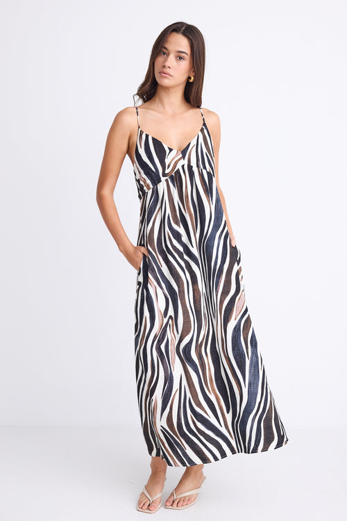 A strappy dress with a tie-back detail and bold chocolate and cream zebra print. Fully lined for comfort, made from a soft viscose-nylon blend.