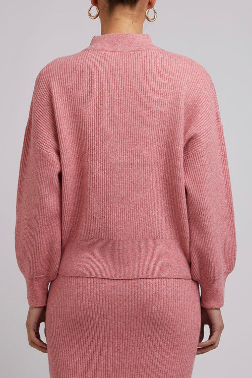 Model wears a Pink Knit with a pink skirt