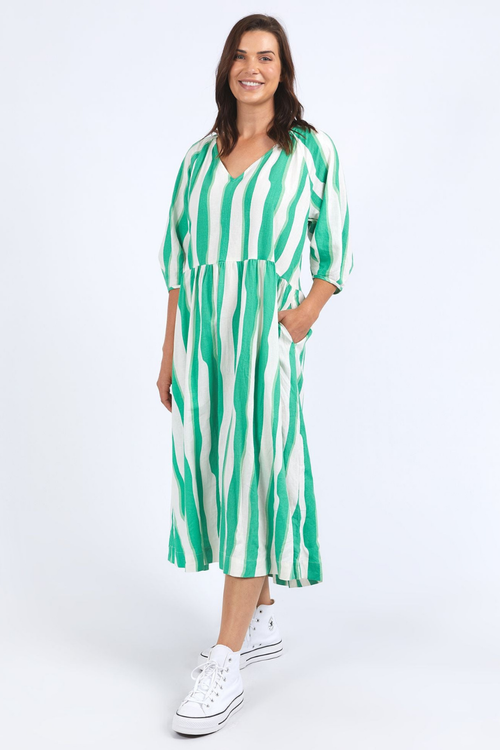 model wears green stripe midi dress