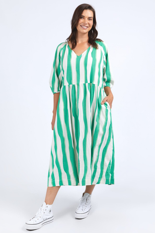 model wears green stripe midi dress