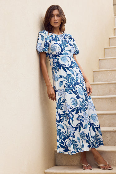 Stage Blue Floral Puff Sleeve Floaty Maxi Dress