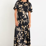 Stage Black Beige Floral Satin Puff Sleeve Floaty Maxi Dress