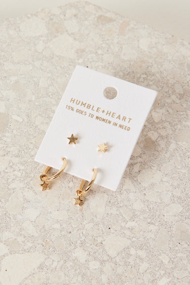 Star Sleeper Stud Set Gold Earrings