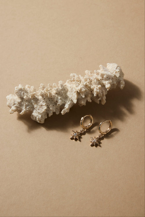 Gold earrings on a beige surface with a white textured object
