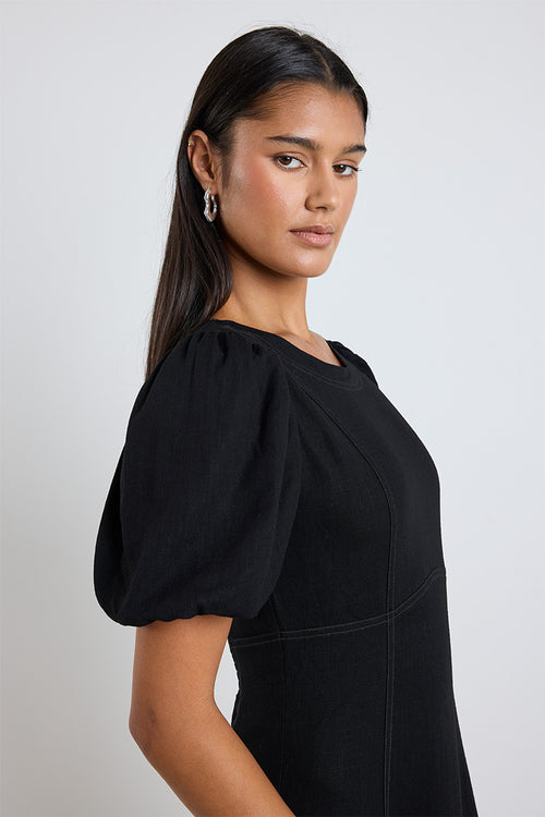 model wears a black midi dress
