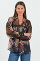 Stencil Black Bouquet Long Sleeve Sheer Blouse