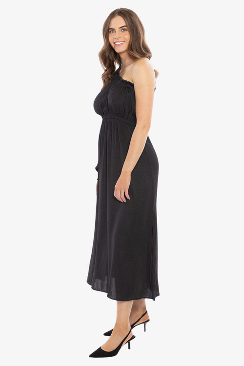 model in black midi dress