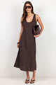 Streamlined Dark Chocolate Linen Bias Cut Sleeveless Midi Dress