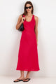 Streamlined Red Linen Bias Cut Sleeveless Midi Dress