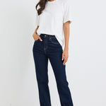 model wears a dark blue jean with a white t-shirt