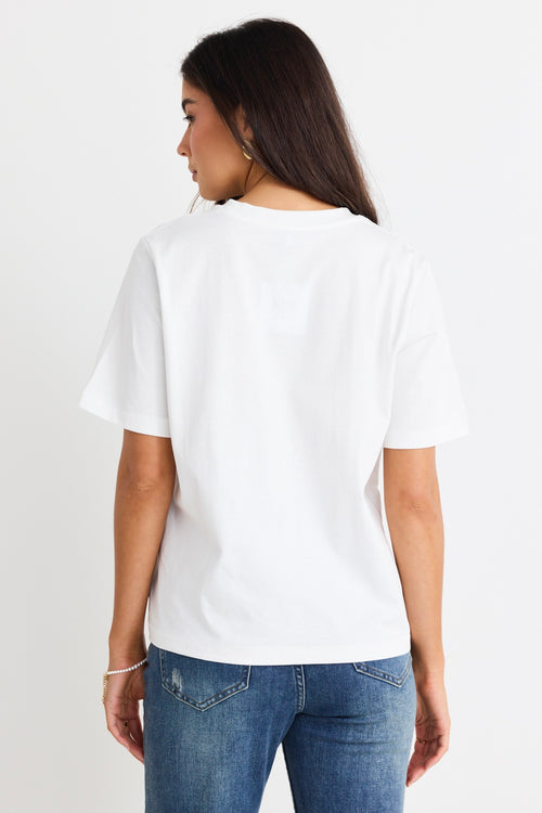 model wears a white t-shirt