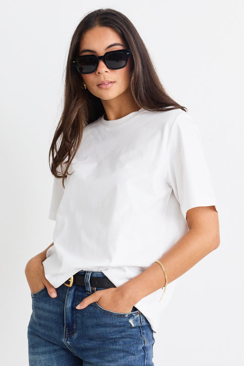 model wears a white t-shirt