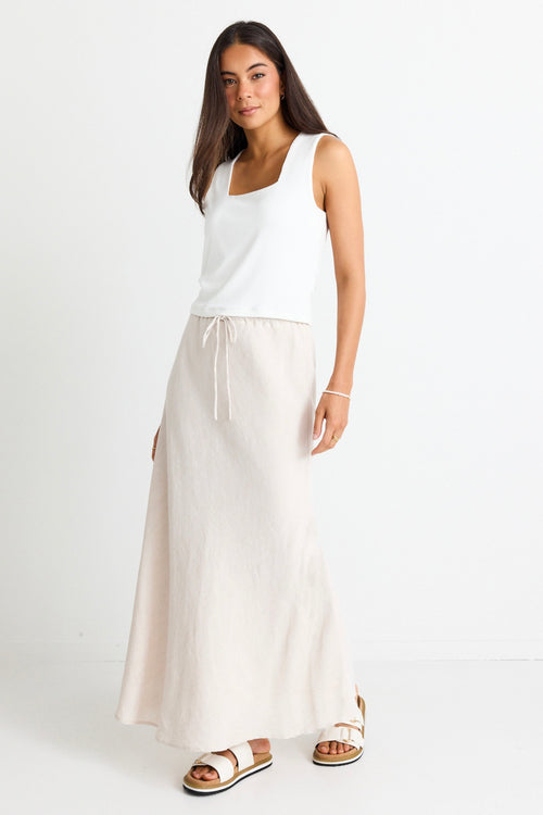 model wears a natural linen skirt