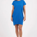 model wears a blue t shirt dress 