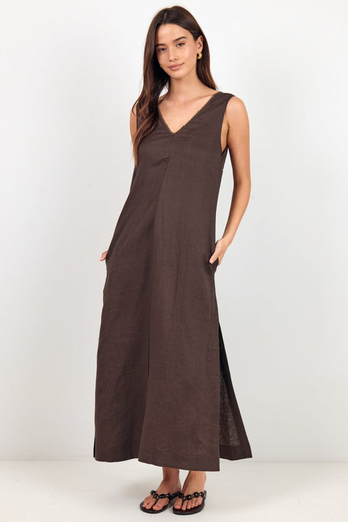 A woman modeling a sleeveless, V-neck maxi dress in a dark brown color, standing against a plain white studio background.