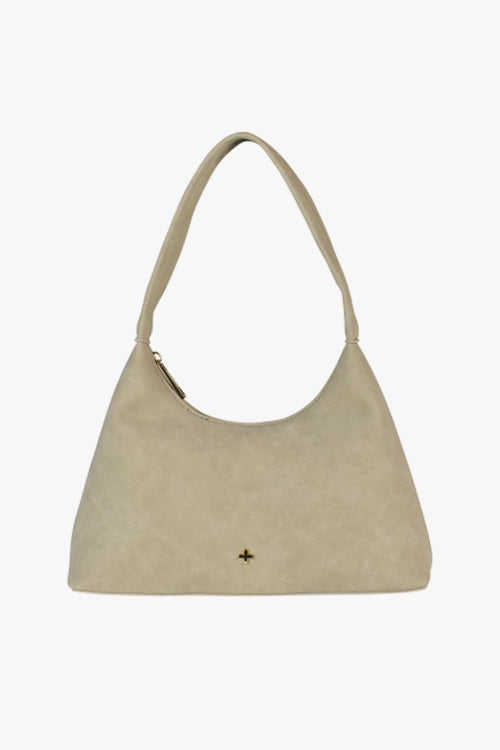 Beige faux suede shoulder bag with a minimalist design and single strap handle.