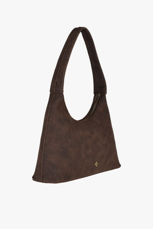 Chocolate brown faux suede shoulder bag with a single strap, crescent silhouette, and gold zip closure, displayed front-facing on a white background.